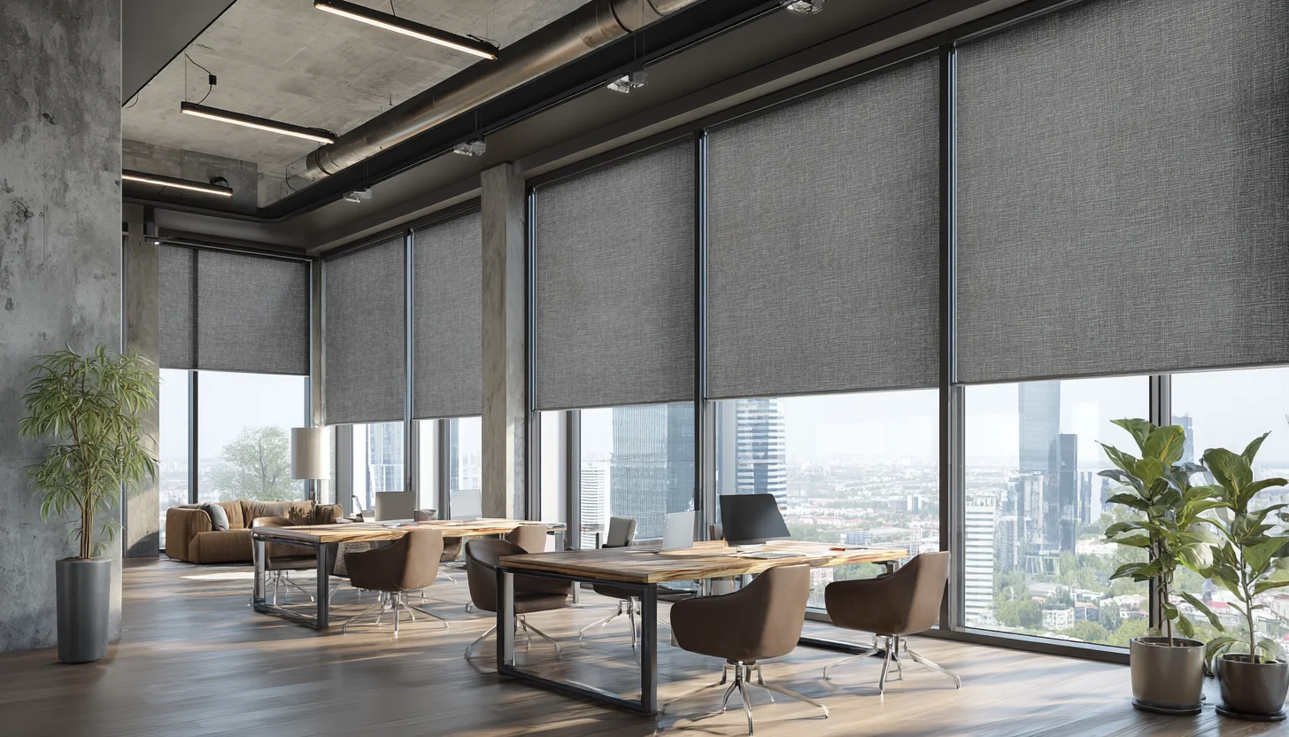 Roller shades installed across a row of office windows